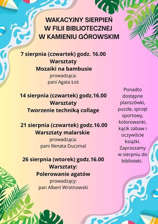terminarz zajęć wakacyjnych