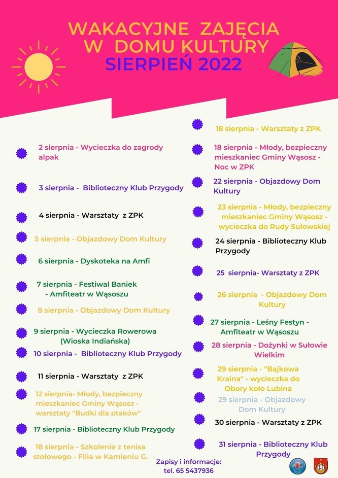 plakat z terminarzem wakacyjnym - sierpień 2022