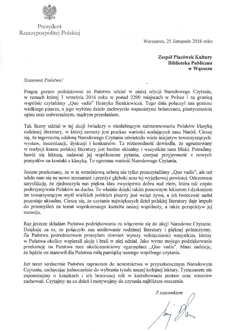 Podziękowanie za "Narodowe Czytanie" od Prezydenta RP